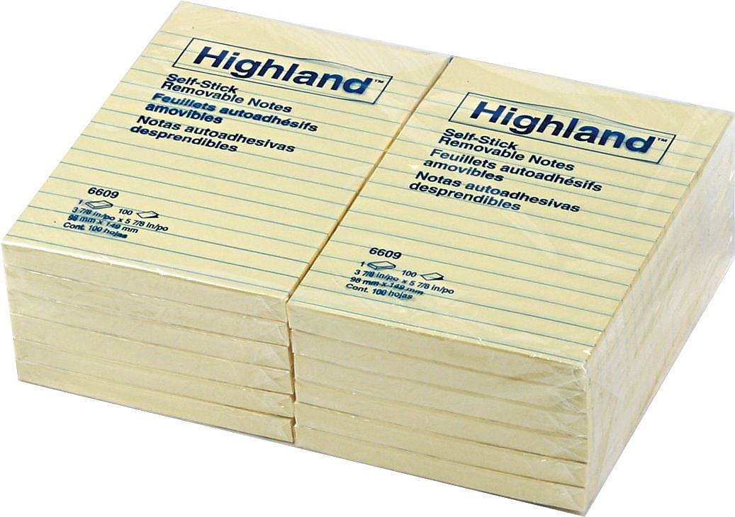 Highland Notes, 4" x 6", Yellow, Lined, 100 Sheet/Pad, 12 Pads/Pack (6609YW)