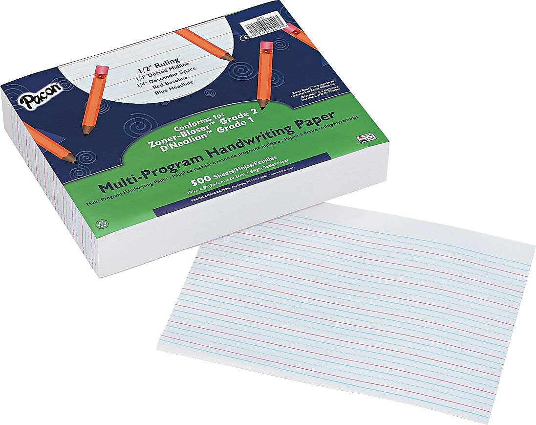 Pacon D'Nealian/Zaner-Bloser Multi-Program Handwriting Papers with Skip Space 10-1/2"x 8", 1/2" Ruling, White, 500 Sheets/Pk