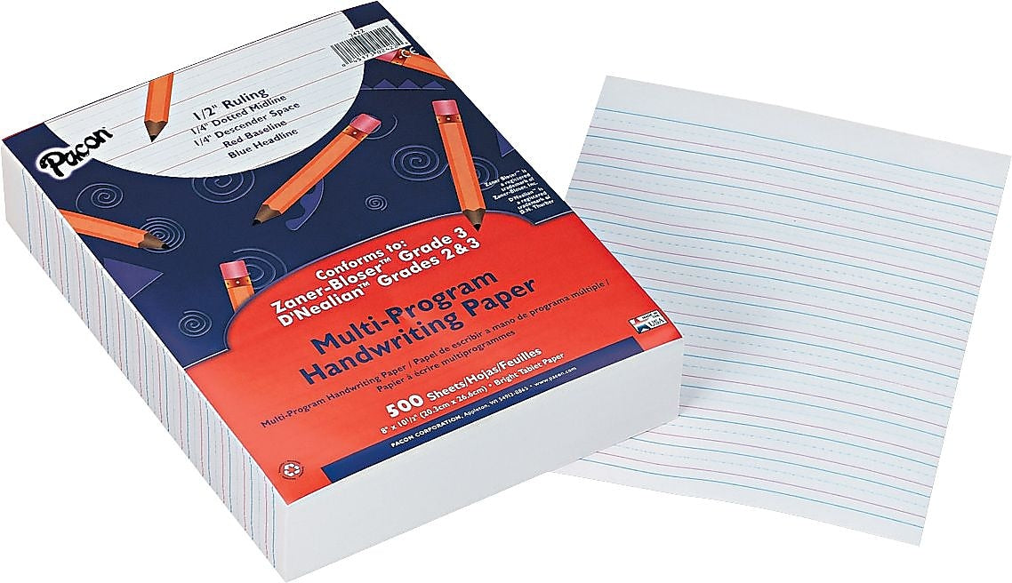 Pacon® Multi-Program Handwriting Paper 8" X 10-1/2", 1/2" Ruling, White, 500 Sheets/Pk