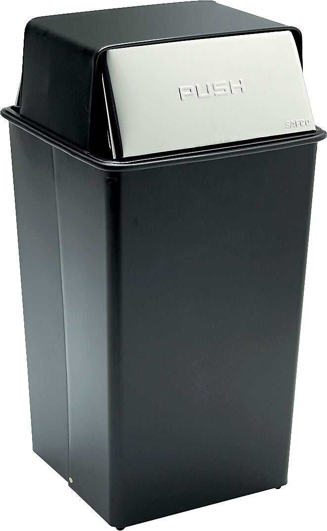 Safco® Reflections™ Push Top Square Receptacle, 36-Gallon, Black/Chrome, 37 1/2"H x 18"W x 18"D