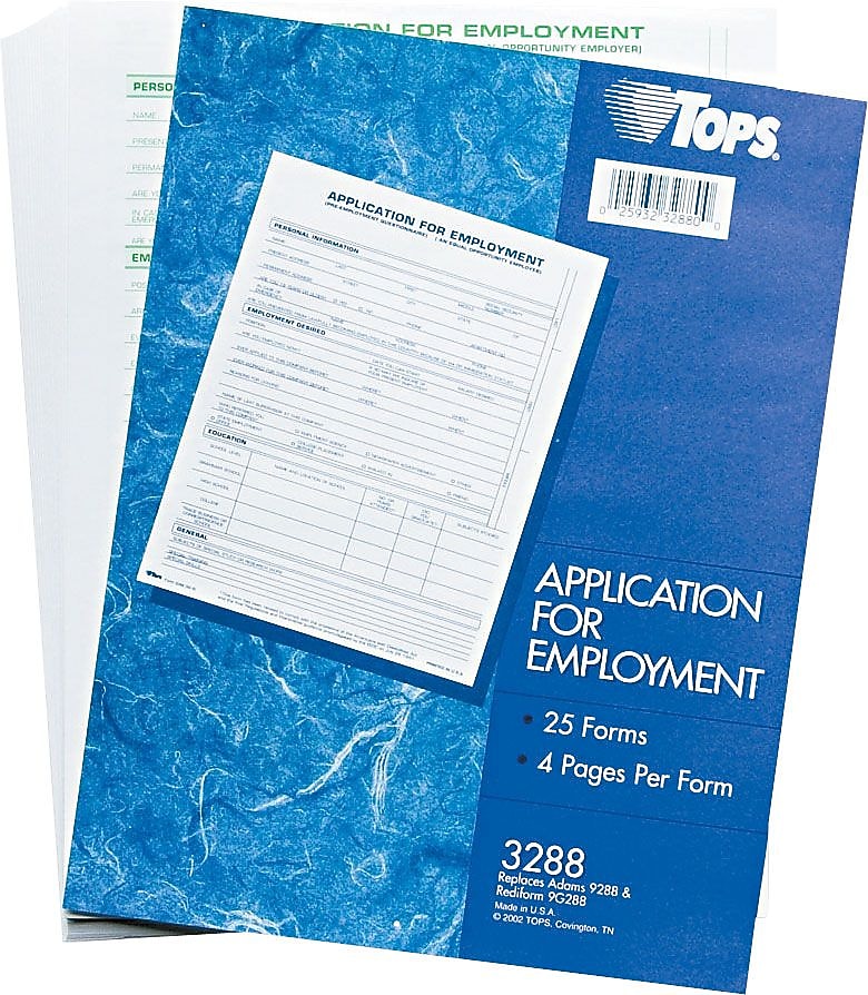 TOPS® Application For Employment, 4 Sided, Folded, Ruled, 1-Part, 11" x 8 1/2", 25/Pk