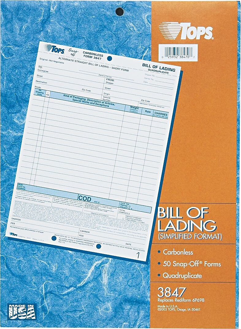 TOPS® Bill of Lading Unit Set, Ruled, 4-Part Carbonless, 11-7/16" x 8-1/2", 50/Pack (3847)
