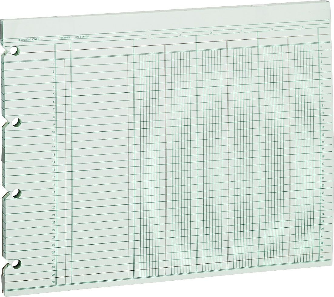 Wilson Jones Columnar Sheets, Ledger Paper, Ruled, 30 Lines, 6 Columns, Green Paper, 9 1/4" x 11 7/8", 100/Pk