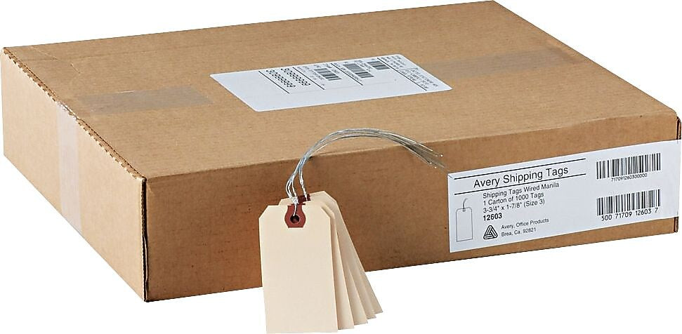 Avery Shipping Tags with Wire, 3-3/4" x 1-7/8", Manila, 1,000 Tags/Box (12603)