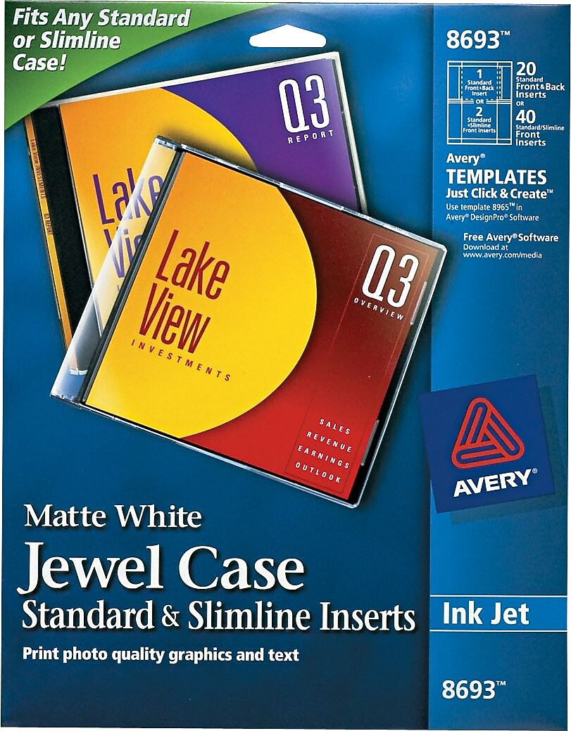 Avery Jewel Case Inserts for InkJet Printers, White, 20/Pk