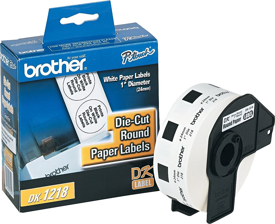 Brother DK-1218 Round Paper Labels, 94/100" x 94/100", Black on White, 1,000 Labels/Roll (DK-1218)