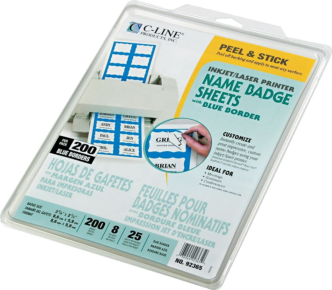 C-Line Hello Badge For Laser Printer, Blue Border, 2 1/3" x 3 3/8"