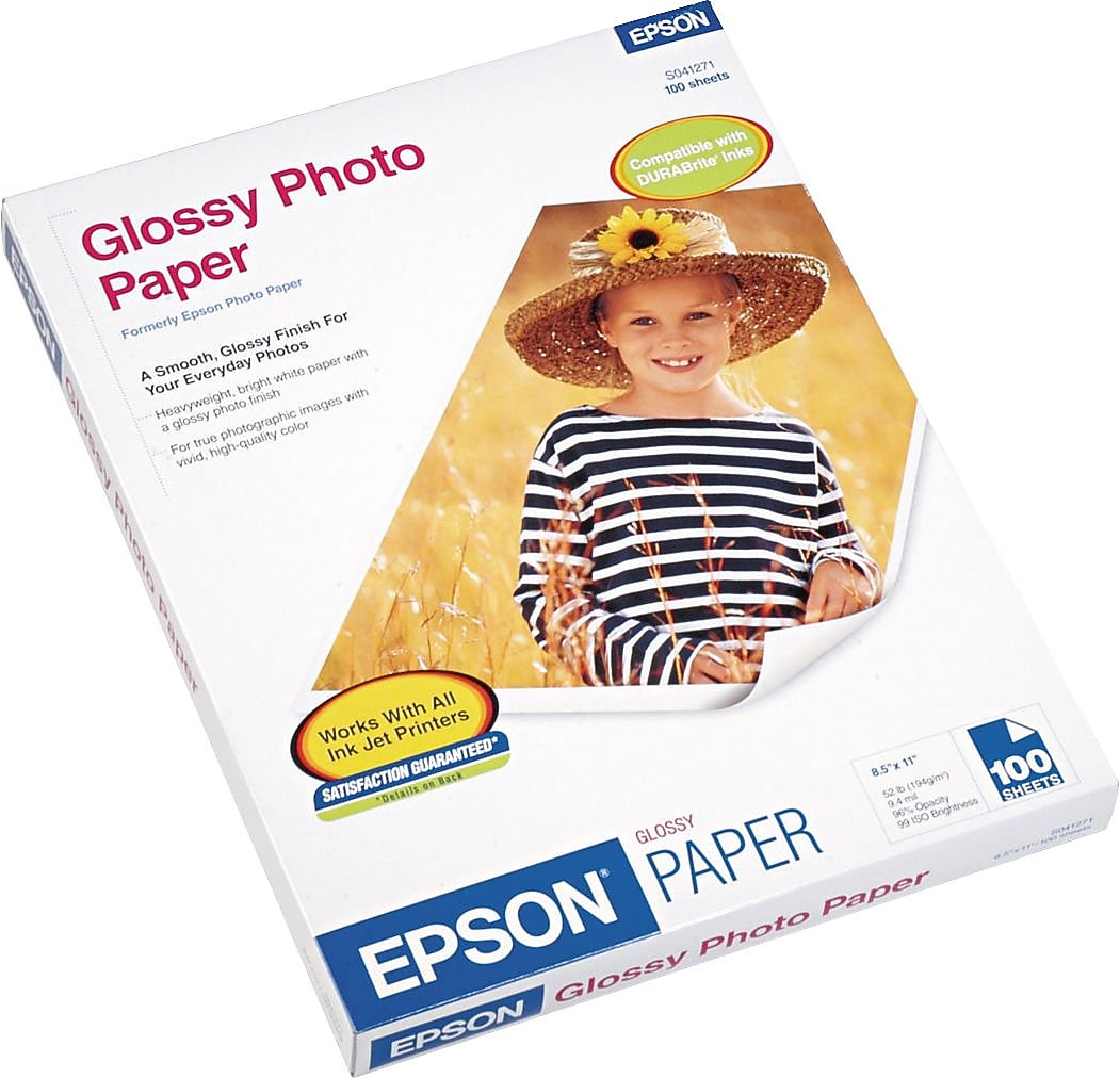 Epson Glossy Photo Paper, 8.5" x 11", 100 Sheets/Pack (EPSS041271)