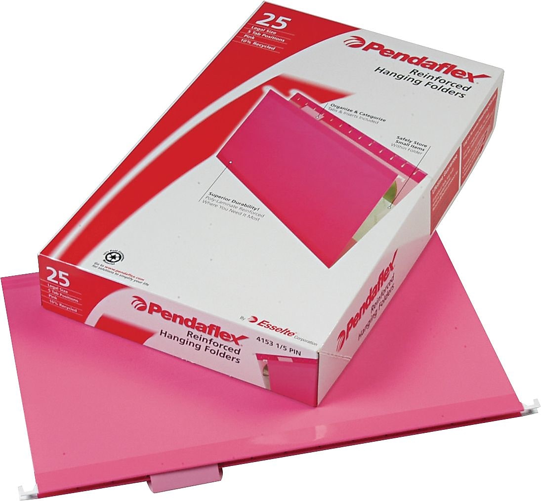 Pendaflex 10 Heavy Duty Reinforced Hanging File Folder, 1/5-Tab, Legal, Pink, 25/Box (04153 1/5 PIN)