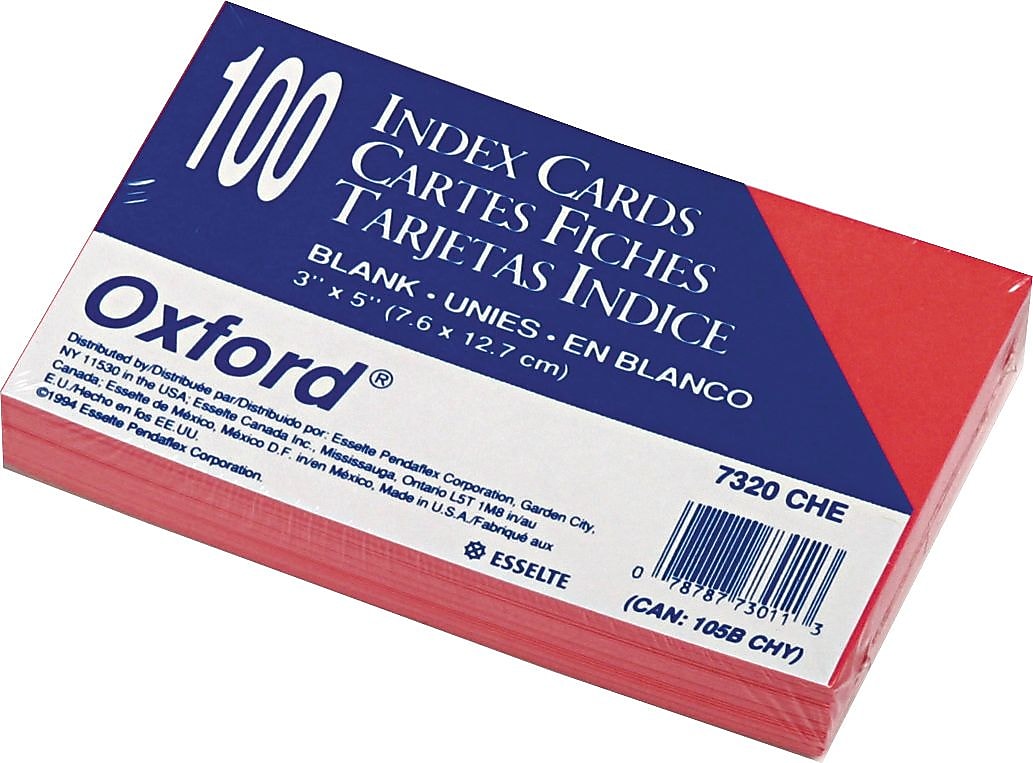 Oxford Index Cards 3" x  5", Cherry,  100/Pack (7320CHE)