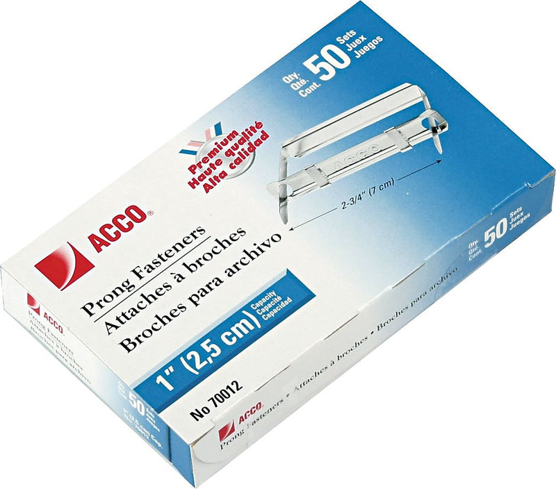ACCO Premium Prong Fasteners, Complete Set, 1" Capacity, Silver 50/Box (70012)