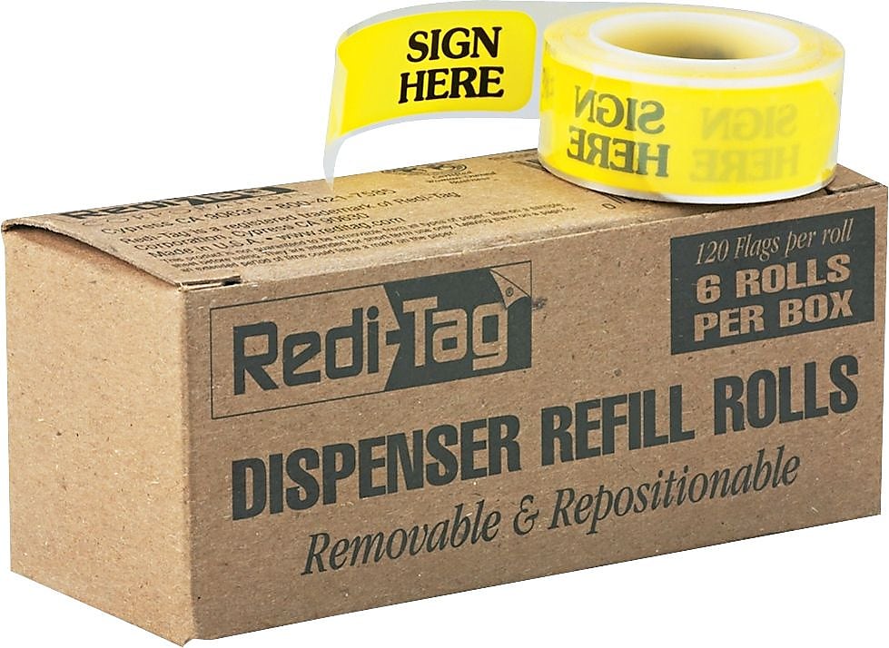 Redi-Tag 'Sign Here'  Flag Refill Rolls, Yellow 120/Roll, 6 Rolls/Pack (91001)