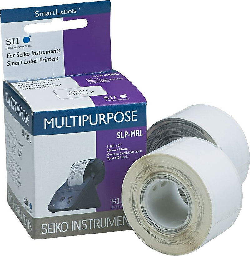 Seiko Self-Adhesive Multiuse Labels for Smart Label Printers, White, 1 1/8" x 2", 440 Labels Per Pack (SLP-MRL)