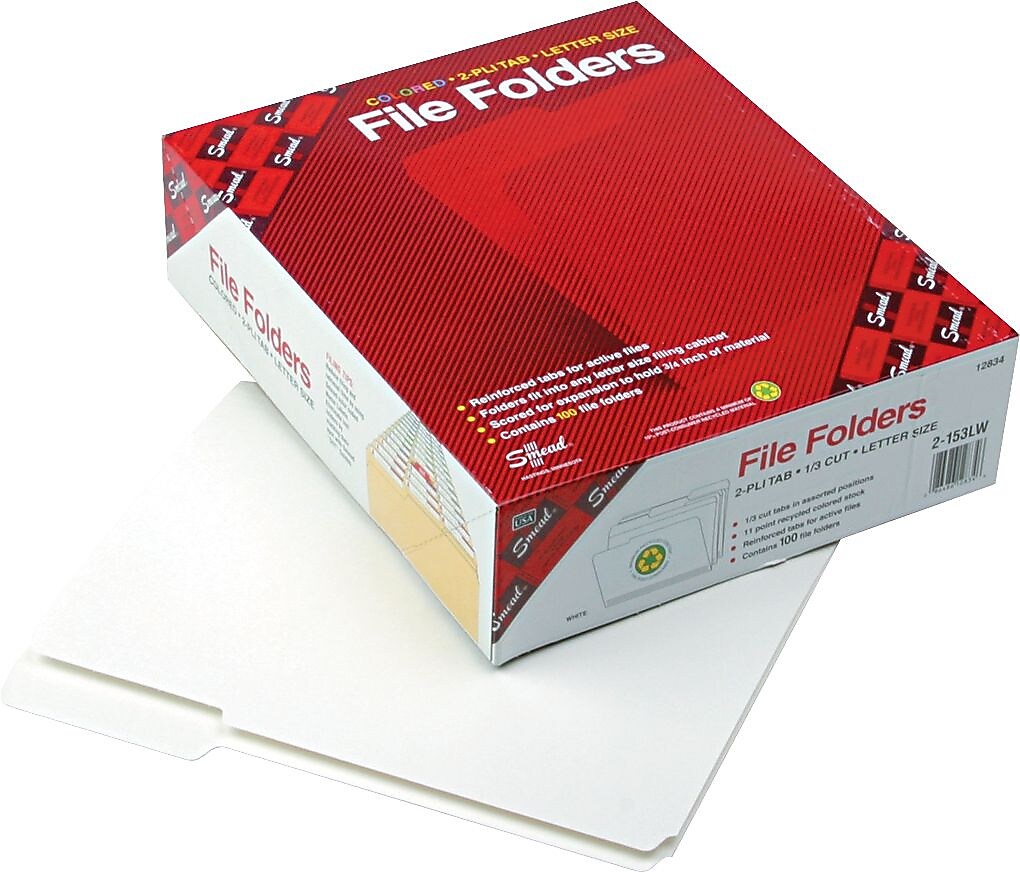 Smead Top Tab File Folders, 11 Point, 1/3 Tab Cut, White, Letter,  8 1/2" x 11", 100/Bx