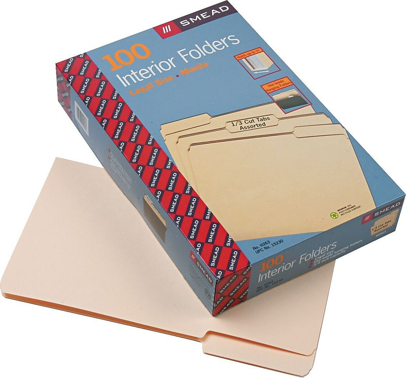 Smead 100% Recycled Reinforced File Folder, 1/3 Cut Tab, Legal Size, Manila, 100/Box (15230)