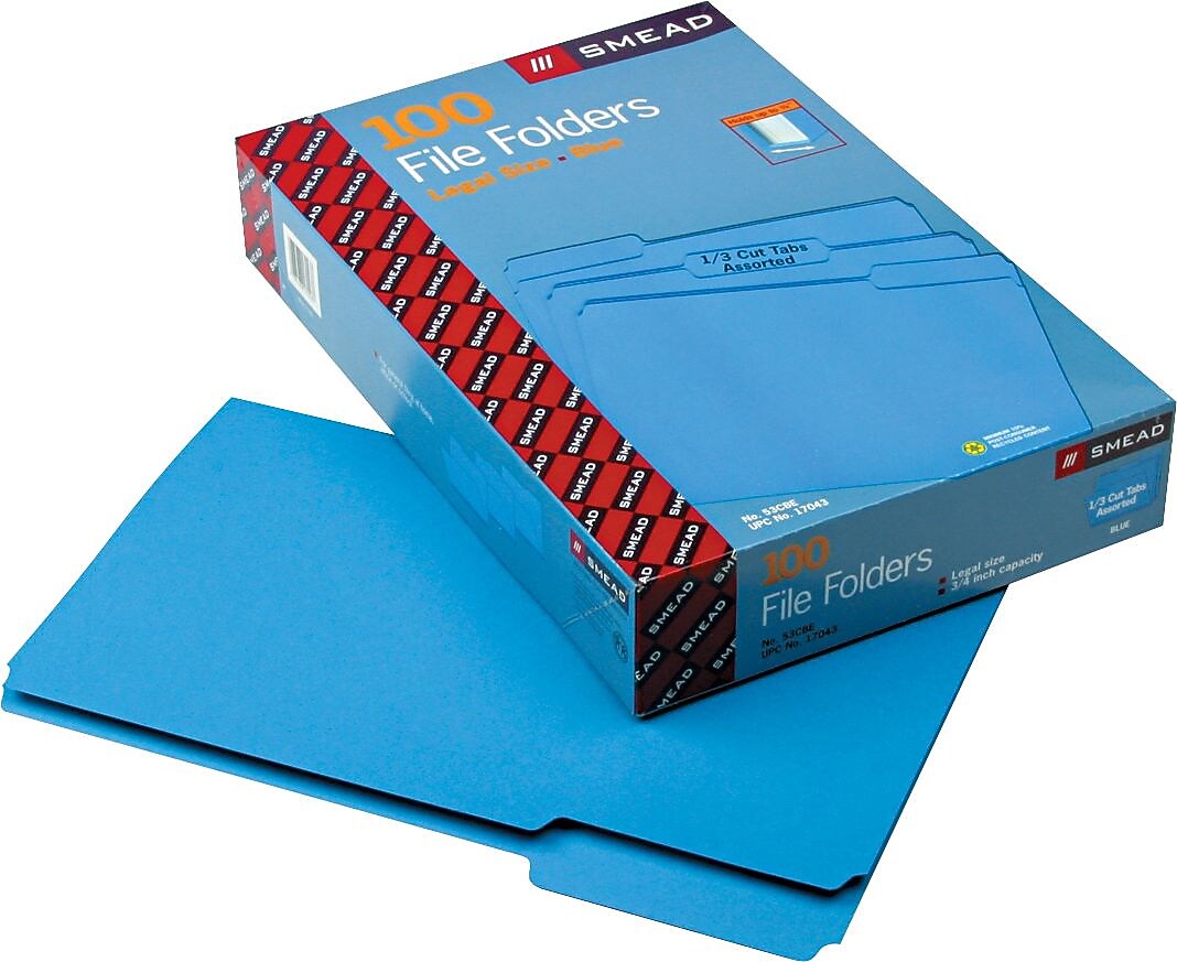 Smead File Folder, 1/3 Cut, Legal Size, Blue, 100/BX (17043)
