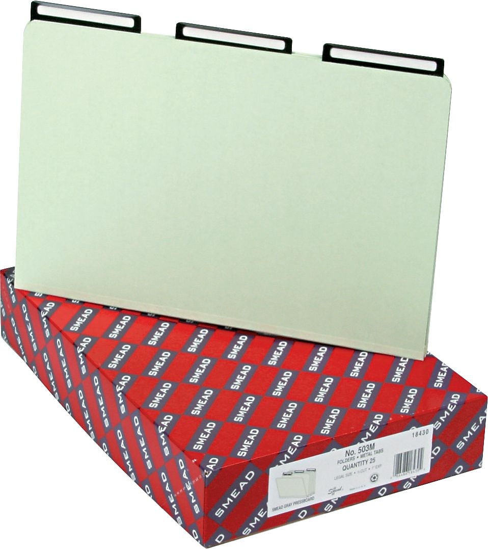 Smead Insertable Metal Tab Pressboard File Folders, 1/3 Cut, Gray-Green, Legal-Size, 25/Box  (18430)