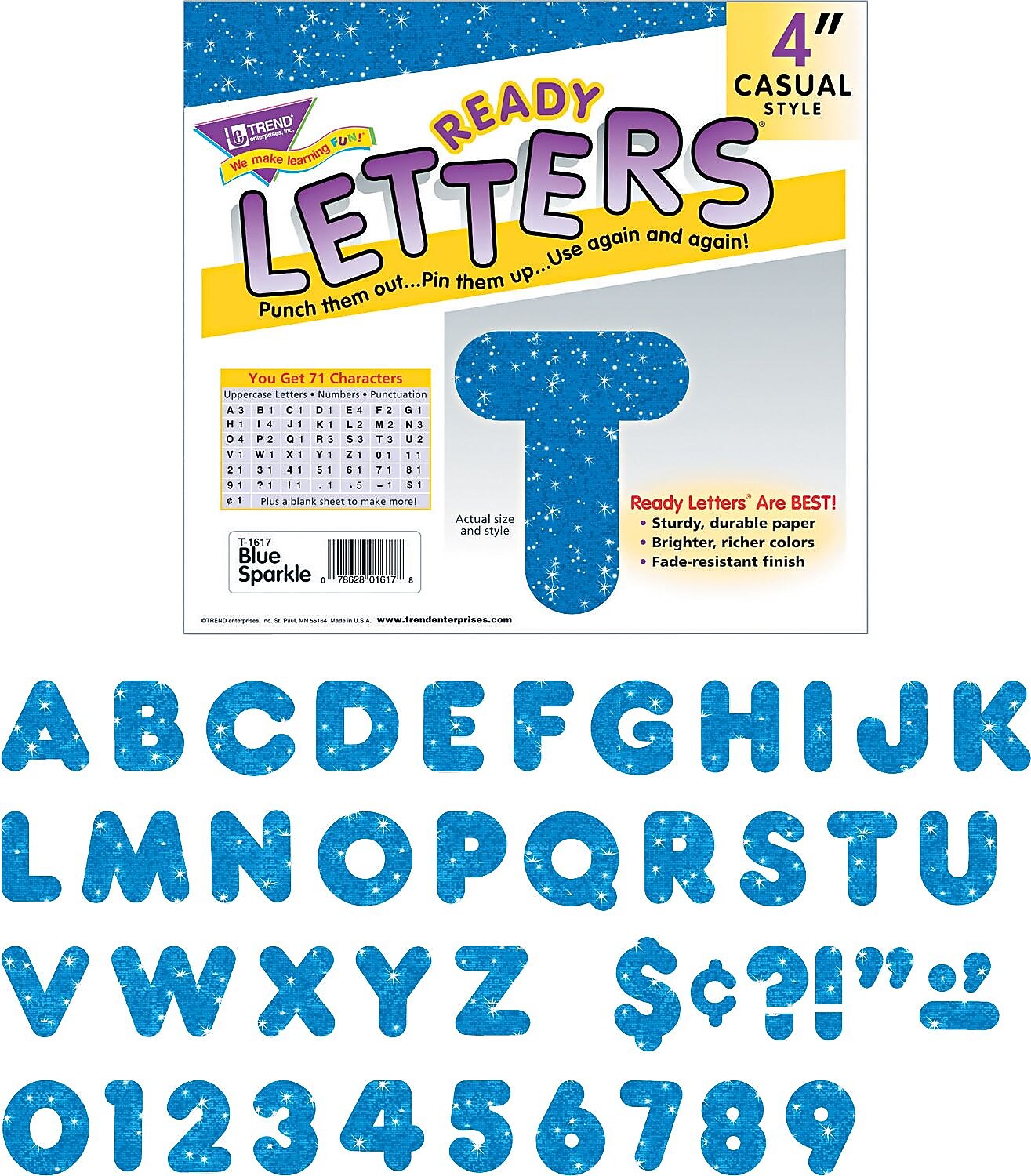 Trend Sparkle Uppercase Ready Letters®, 4", Blue, 1/Set (T1617)