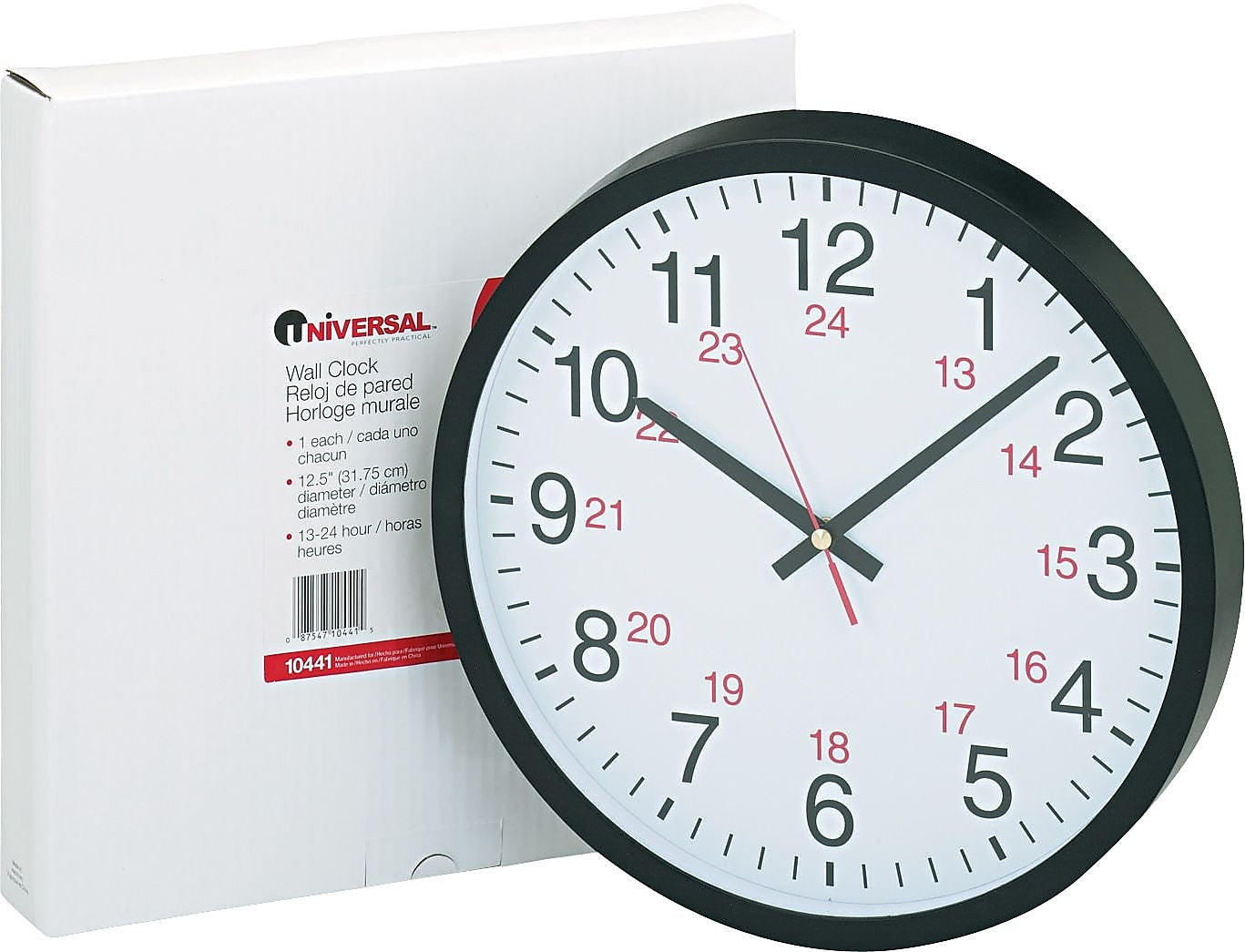 Universal 24-Hour Round Wall Clock, Black Case, 12 1/2"
