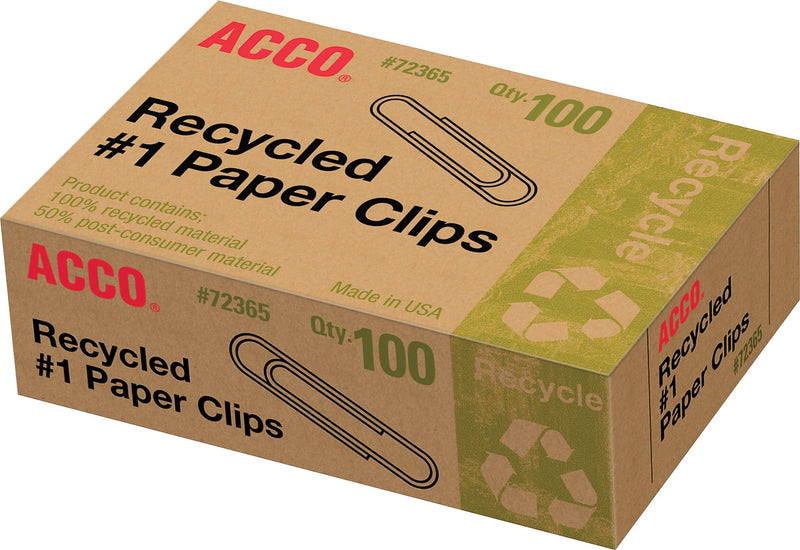 ACCO Recycled Paper Clips, #1, Silver, 100/Box, 10 Boxes/Pack (A7072365A)