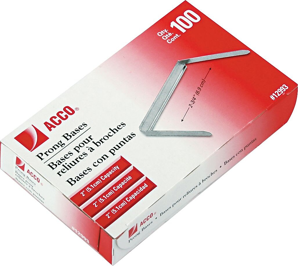 ACCO Economy Non-Adhesive Prong Fastener, Base Only, 2" Capacity, Tin, 100/Box (12993)