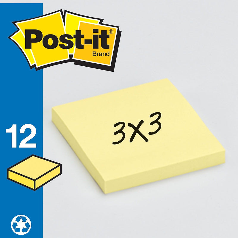 Post-it Greener Recycled Notes, 3" x 3", Canary Collection, 100 Sheet/Pad, 12 Pads/Pack (654-RP-YW)