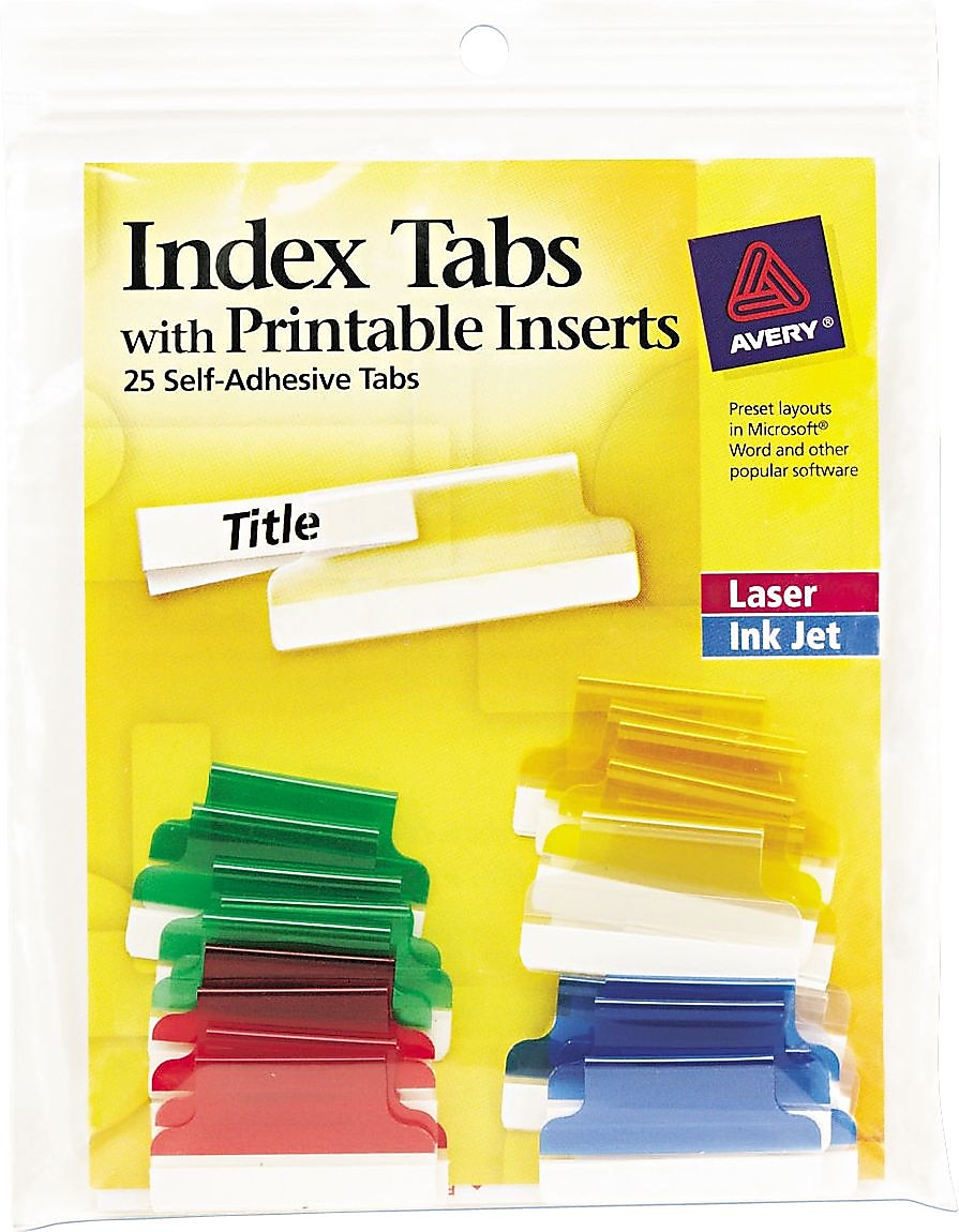 Avery Self Adhesive Tabs with Laser Printable Inserts, Assorted Colors, 1"