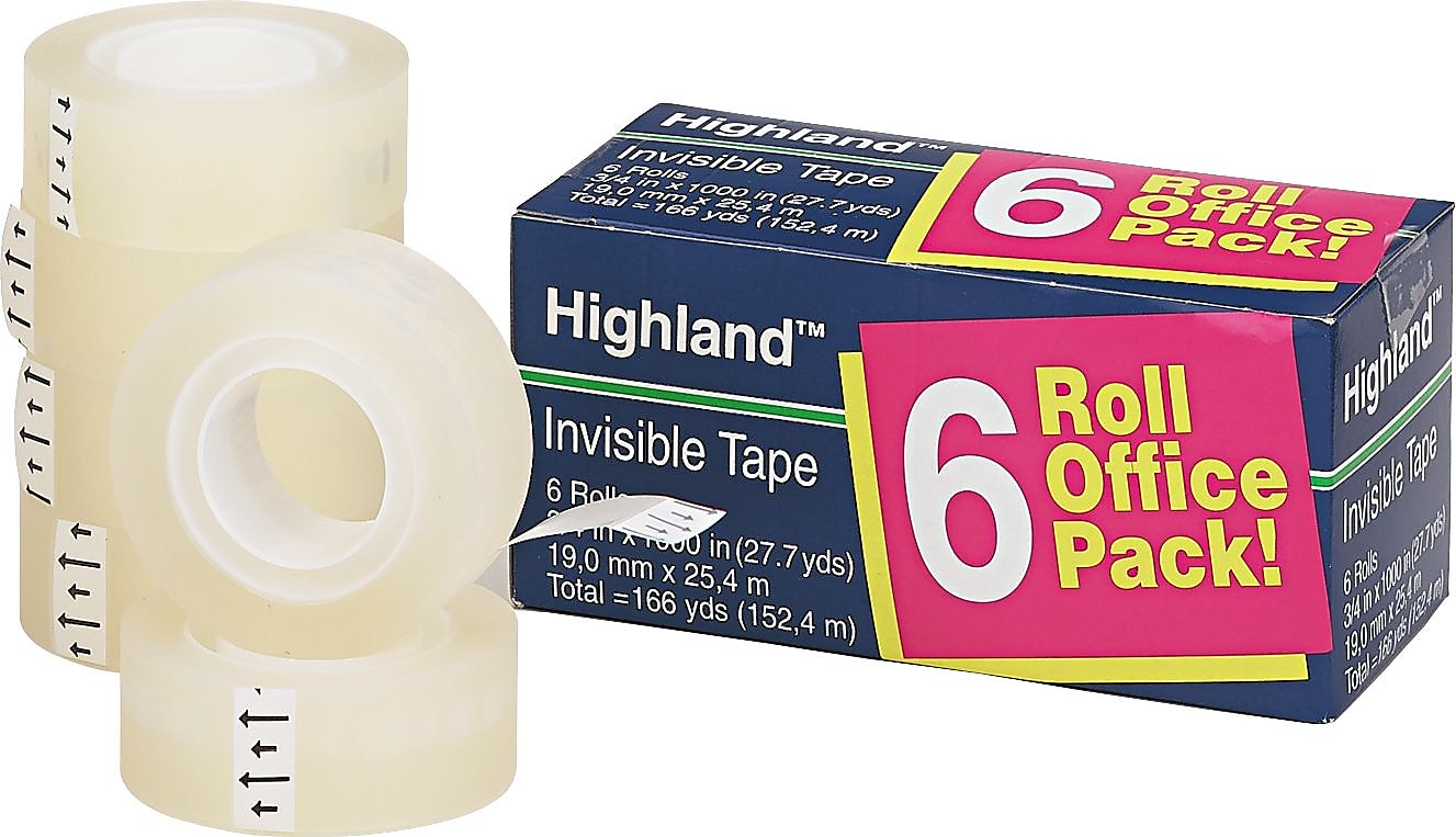 Highland Invisible Clear Tape, 0.75" x 27.7 yds., 1" Core, 6 Rolls/Pack (6200-6PK)