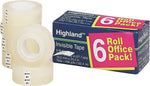 Highland Invisible Clear Tape, 0.75" x 27.7 yds., 1" Core, 6 Rolls/Pack (6200-6PK)