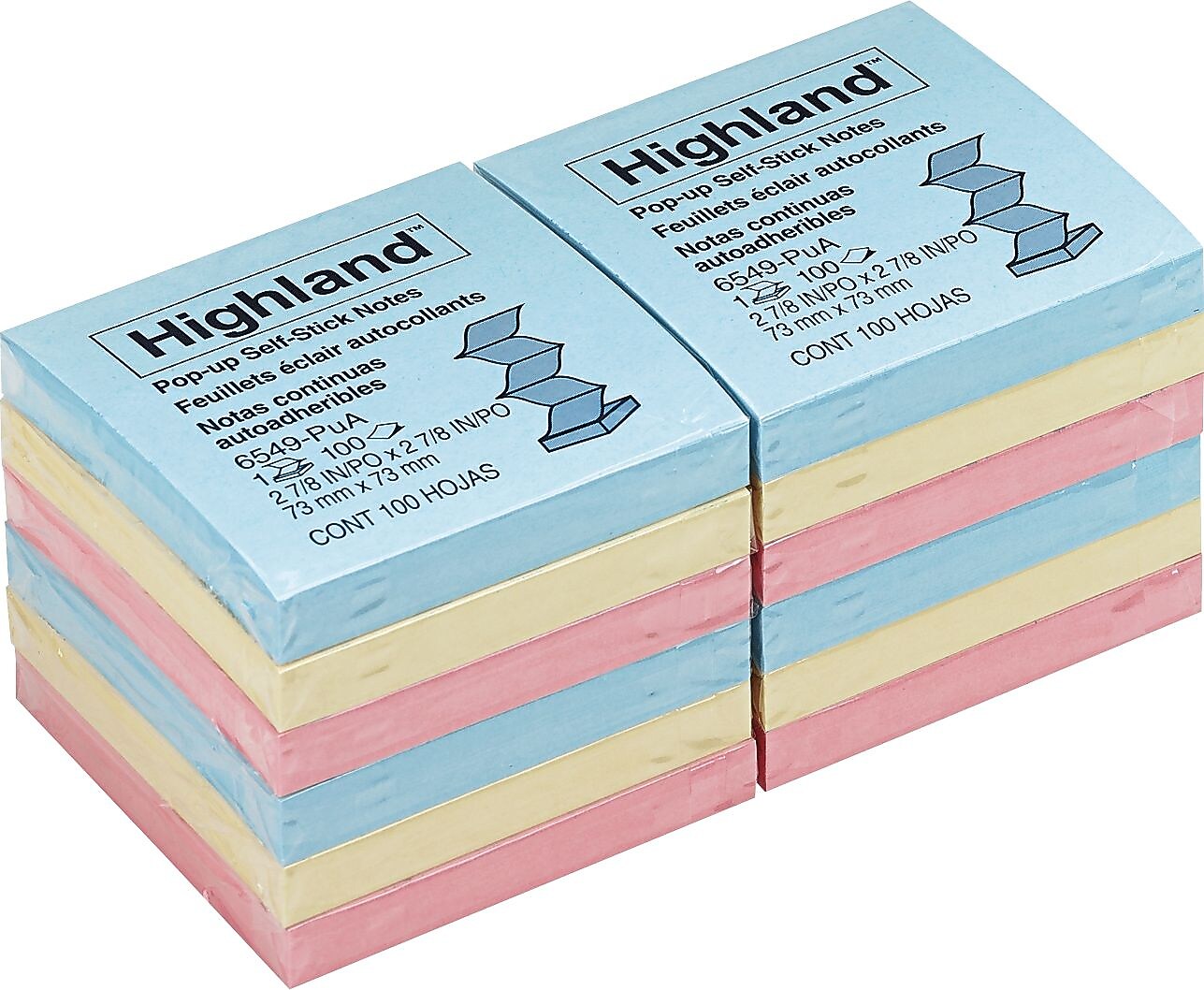Highland Pop-up Notes, 3" x 3", Assorted Colors Collection, 100 Sheet/Pad, 12 Pads/Pack (EDRE24055)