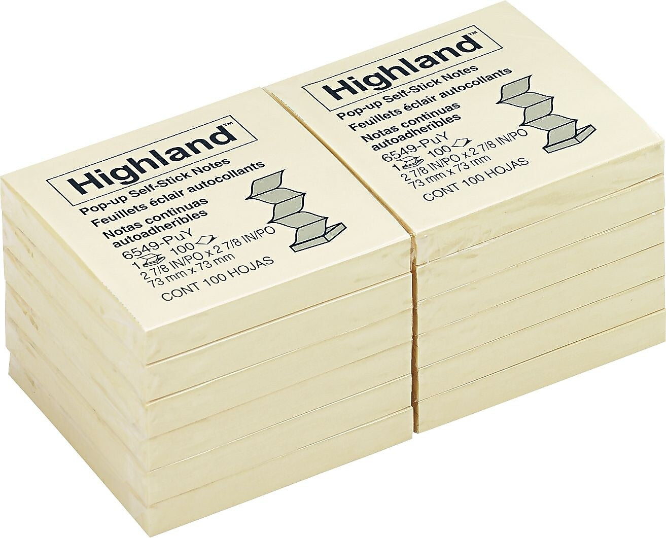 Highland Pop-up Notes, 3" x 3", Yellow, 100 Sheet/Pad, 12 Pads/Pack (6549PUY)