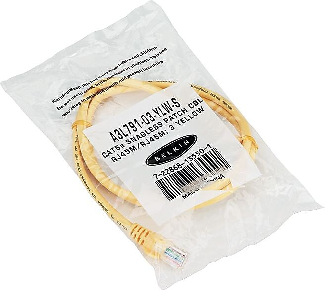 Belkin Cat5e Snagless RJ45 Patch Cable, Yellow, 3'L