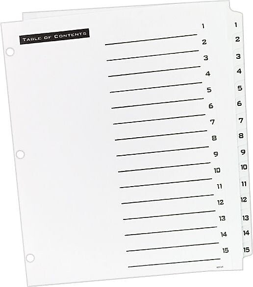 Office Essentials® Table 'N Tabs Dividers, 1-15 Tab, White, 8 1/2" x 11", 1/St