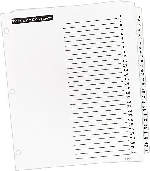 Office Essentials® Table 'N Tabs Dividers, 1-31 Tab, White, 8 1/2" x 11", 1/St