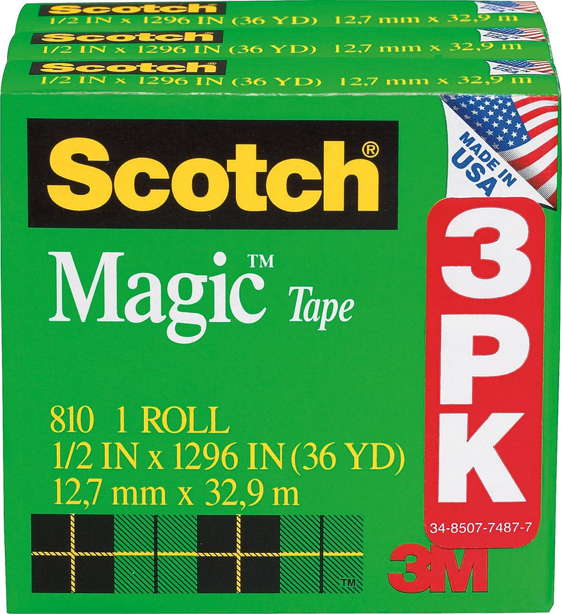 Scotch® Magic Tape, Invisible, Write On, Matte Finish, 1/2 " x 36 yds., 1" Core, 108 Rolls, 36 Rolls/case (810H3-Case)