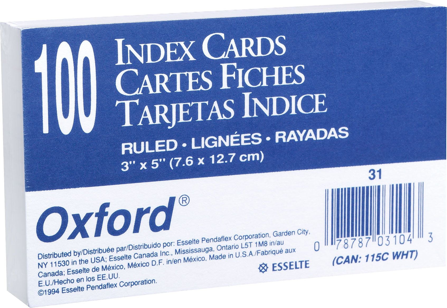 Oxford 3 x 5" Index Cards, Lined, White, 100/Pack (31EE)