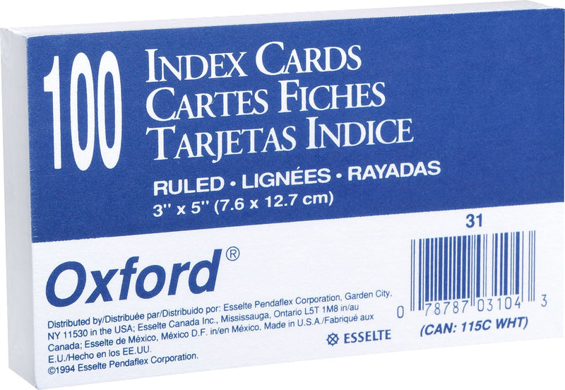 Oxford 3 x 5" Index Cards, Lined, White, 100/Pack (31EE)