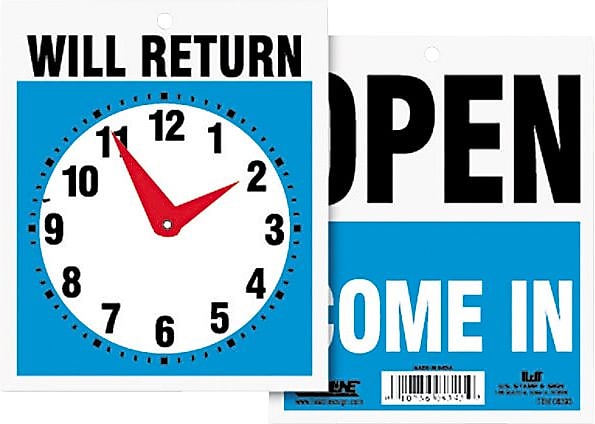Headline Reversible "OPEN/WILL RETURN" Business Sign with Clock, 7 1/2" x 9", Multicolored (09382)