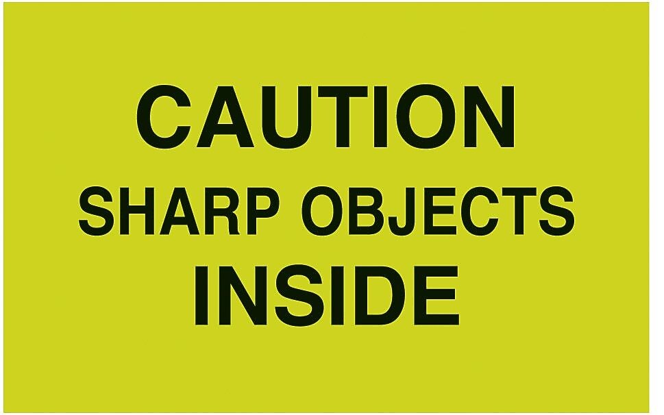 Decker Tape "Caution Sharp Objects" Label, 3" x 5", 500/Roll (DL2102C)