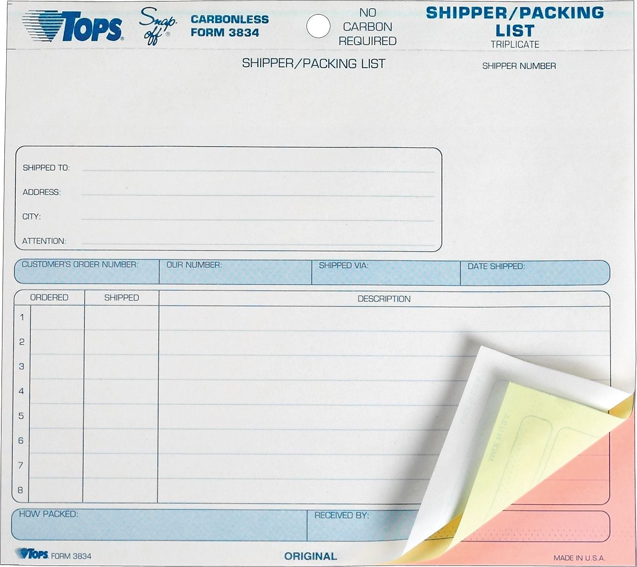 TOPS Snap-Off 3-Part Carbonless Packing Slips, 8-1/2" x 7", 50 Sets/Book (3834)