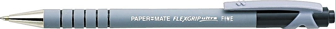 Paper Mate FlexGrip Ultra Retractable Ballpoint Pen, Fine Point, 0.8 mm, Black Ink / Gray Barrel, 12/Pack