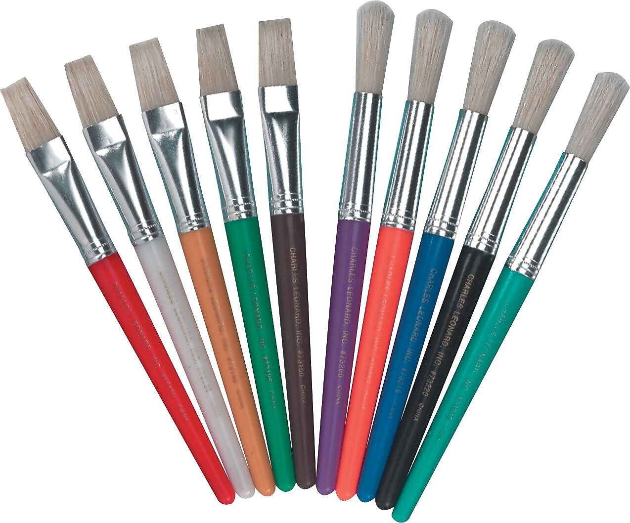 CLI Leonard Stubby, Round Natural Bristle Brush Set, 7 1/2" Plastic Handles, Assorted Colors, 10/Pk