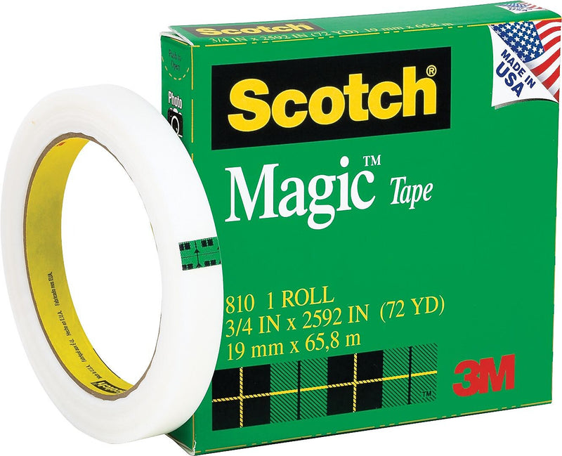 Scotch® Magic Tape, Invisible, Write On, Matte Finish, 3/4" x 72 yds., 3" Core, 12 Rolls (810-3/4X72-12PK)