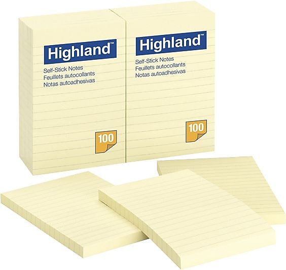 Highland Notes, 4" x 6", Yellow, Lined, 100 Sheet/Pad, 12 Pads/Pack (6609YW)