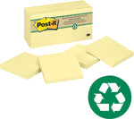 Post-it Greener Recycled Notes, 3" x 3", Canary Collection, 100 Sheet/Pad, 12 Pads/Pack (654-RP-YW)
