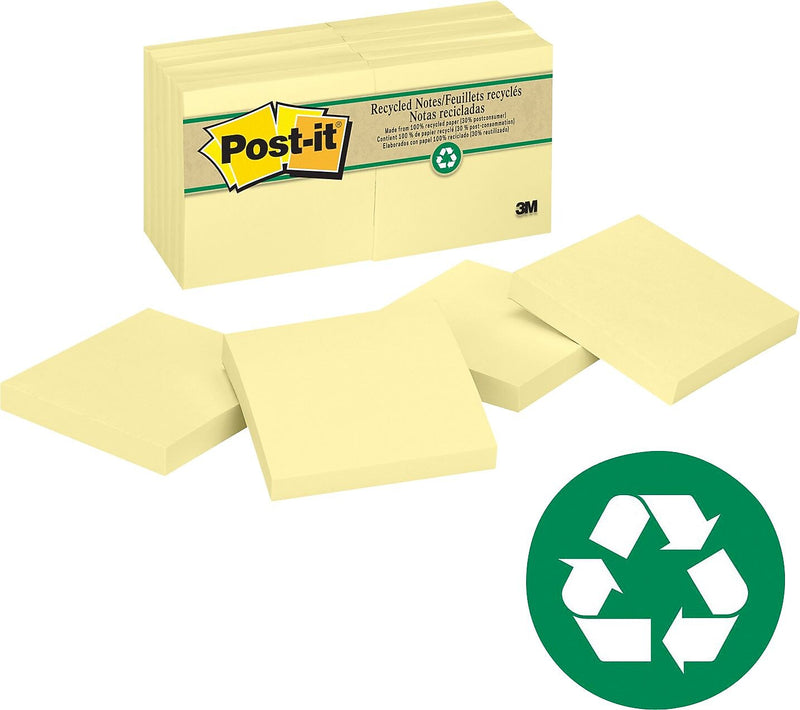 Post-it Greener Recycled Notes, 3" x 3", Canary Collection, 100 Sheet/Pad, 12 Pads/Pack (654-RP-YW)