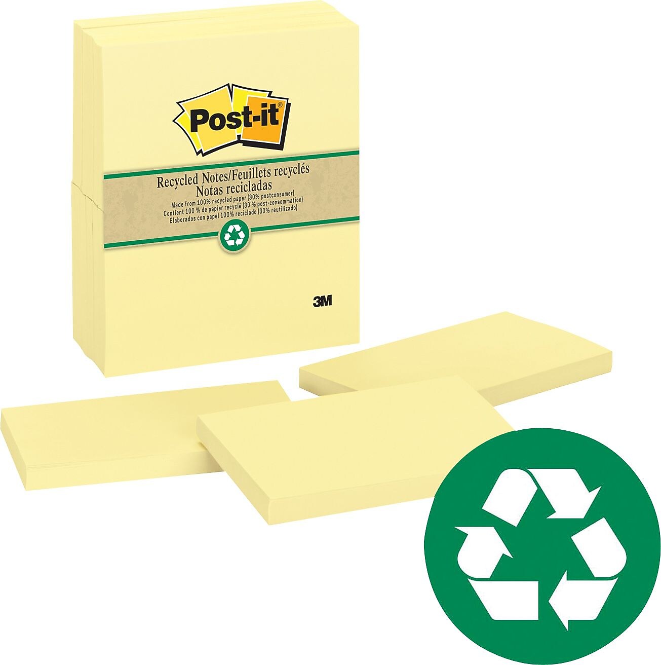 Post-it Greener Recycled Notes, 3" x 5", Canary Collection, 100 Sheet/Pad, 12 Pads/Pack (655RPYW)