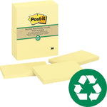 Post-it Greener Recycled Notes, 3" x 5", Canary Collection, 100 Sheet/Pad, 12 Pads/Pack (655RPYW)