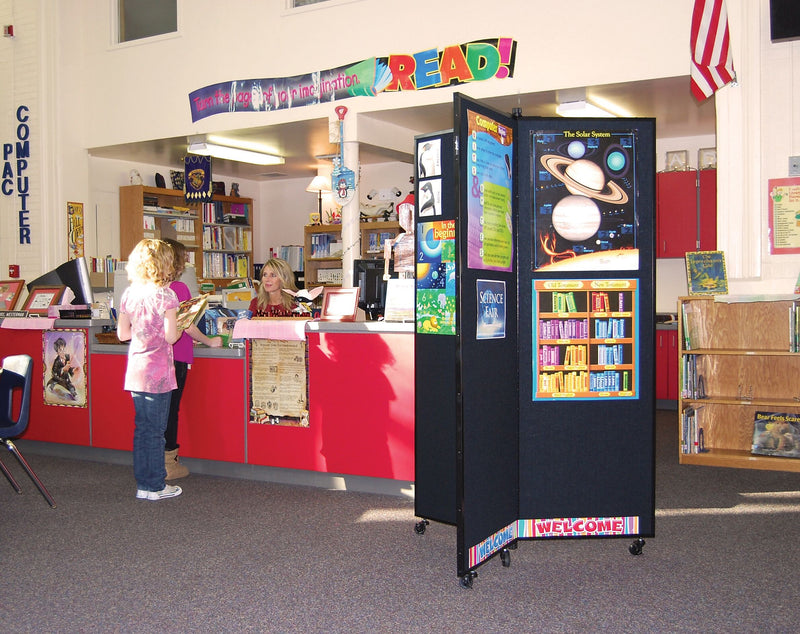 Screenflex 3-Wing Mobile Display Tower, Black, 77"H x 36"W x 36"D