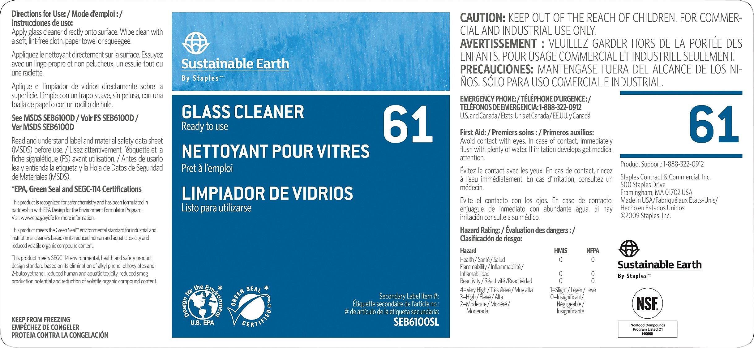 Sustainable Earth™ by Staples® #61 Secondary Label For Glass Cleaner Concentrate (SEB6100SL-CC)